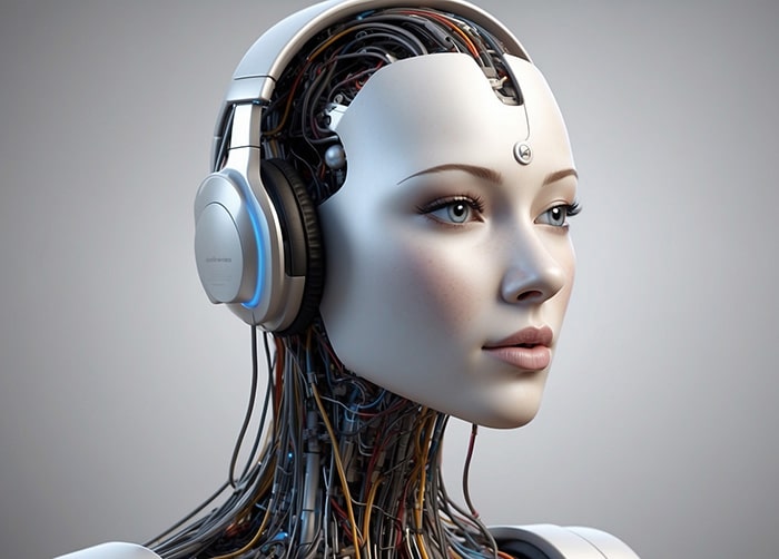 AI robot with intricate wiring and headphones, embodying advanced audio generation technology.