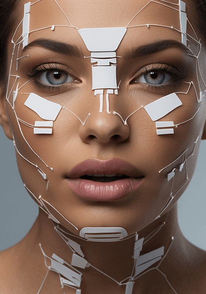 Portrait of a woman with a digital AI mask overlay, symbolizing advanced image generation technology.